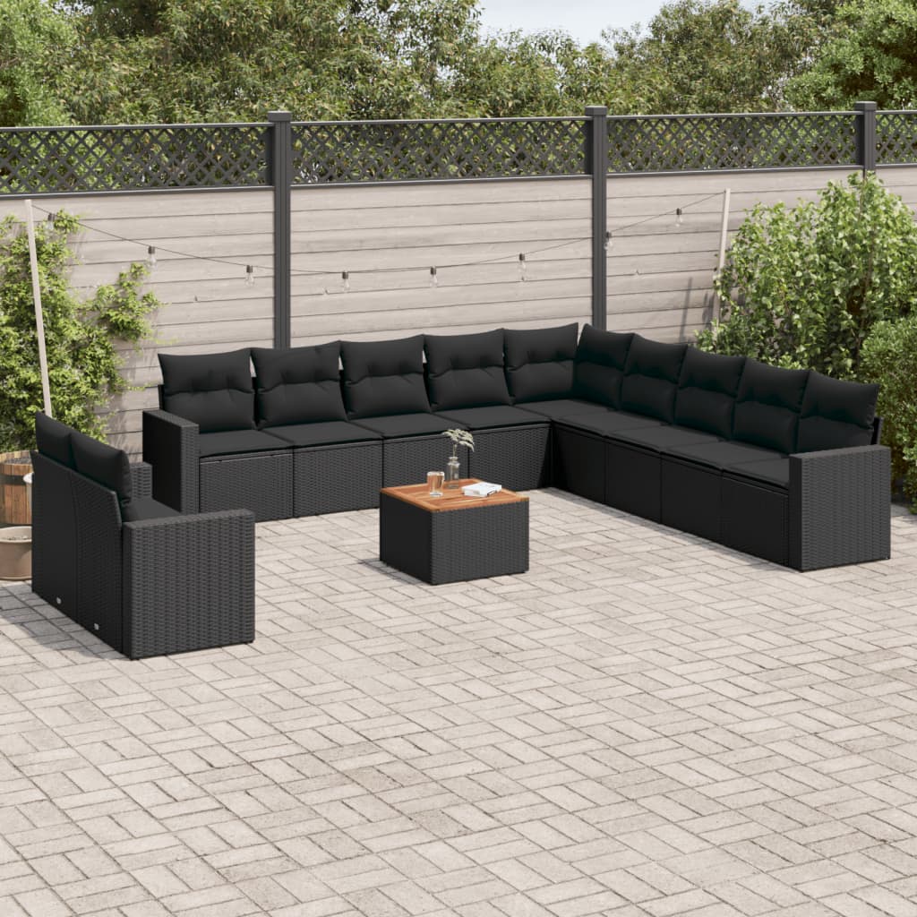 vidaXL 12 pcs conjunto de sofás de jardim c/ almofadões vime PE preto