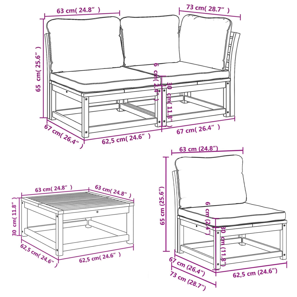 vidaXL 5 pcs conjunto lounge de jardim c/ almofadões acácia maciça