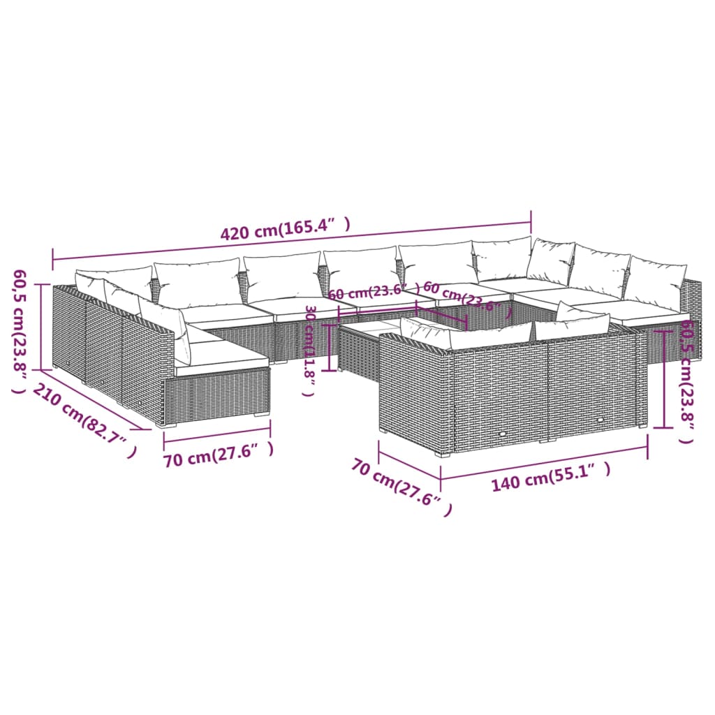 vidaXL 13 pcs conjunto lounge de jardim c/ almofadões vime PE cinzento