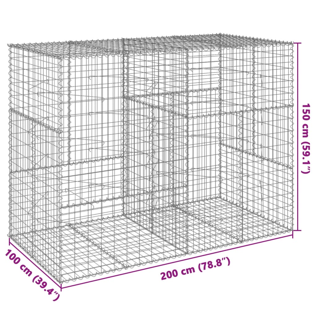 vidaXL Cesto gabião com cobertura 200x100x150 cm ferro galvanizado