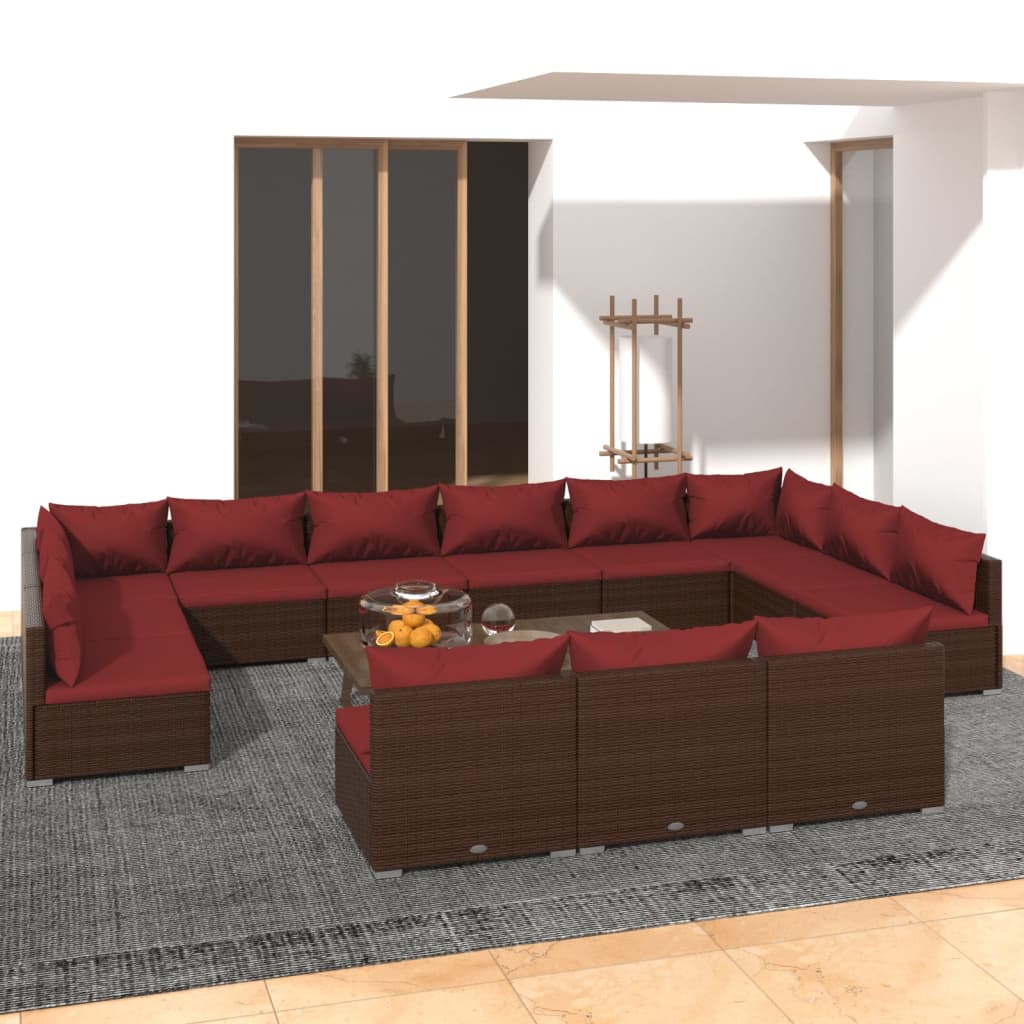 vidaXL 13 pcs conjunto lounge jardim c/ almofadões vime PE castanho