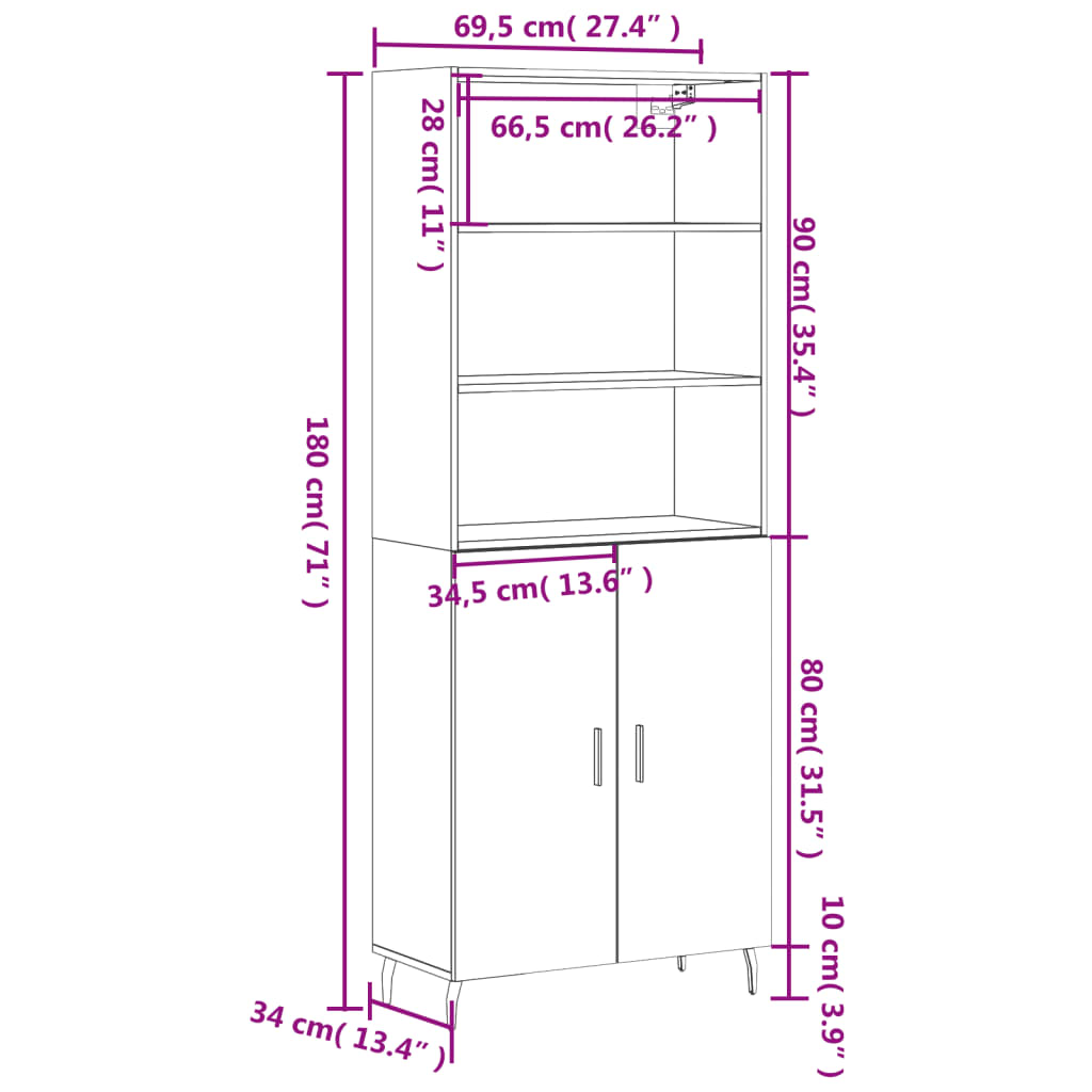 vidaXL Armário alto 69,5x34x180 cm derivados de madeira cinza cimento