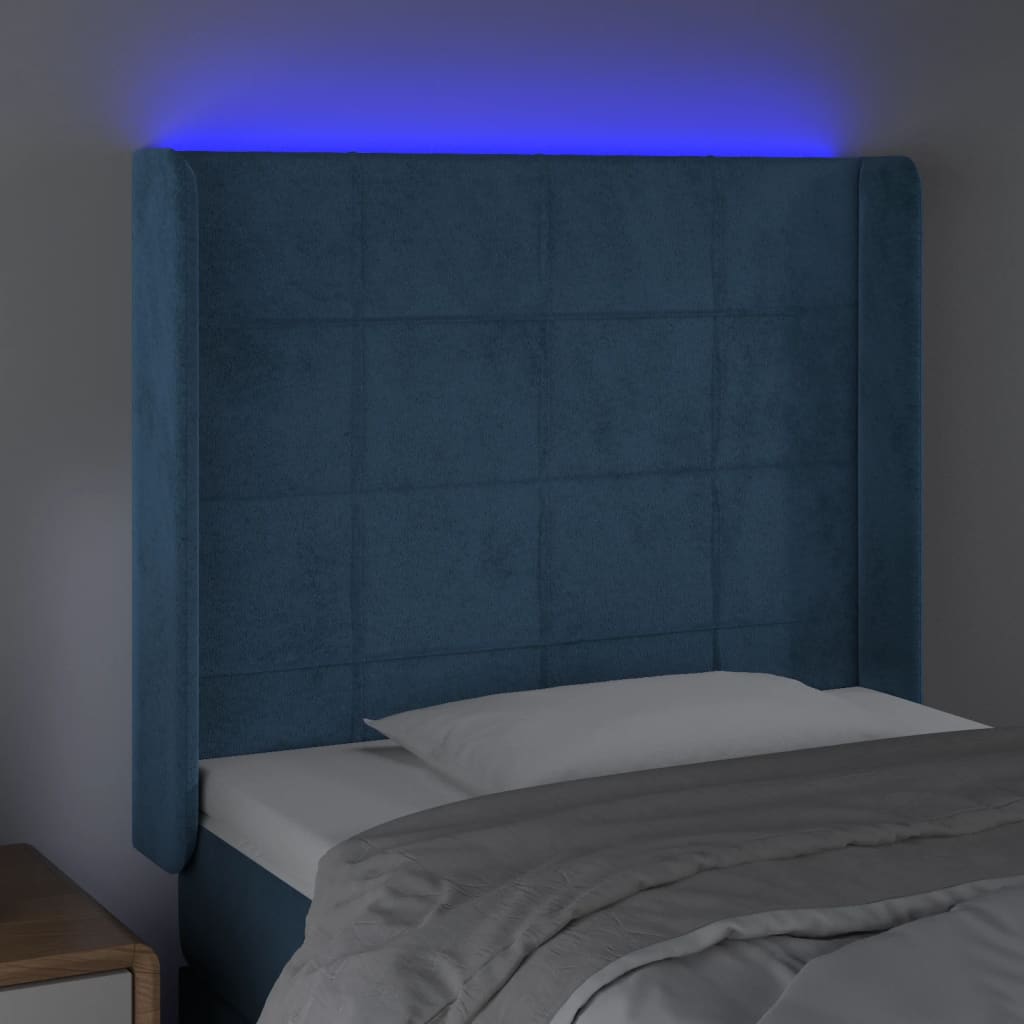 vidaXL Cabeceira cama c/ luzes LED veludo 103x16x118/128cm azul-escuro