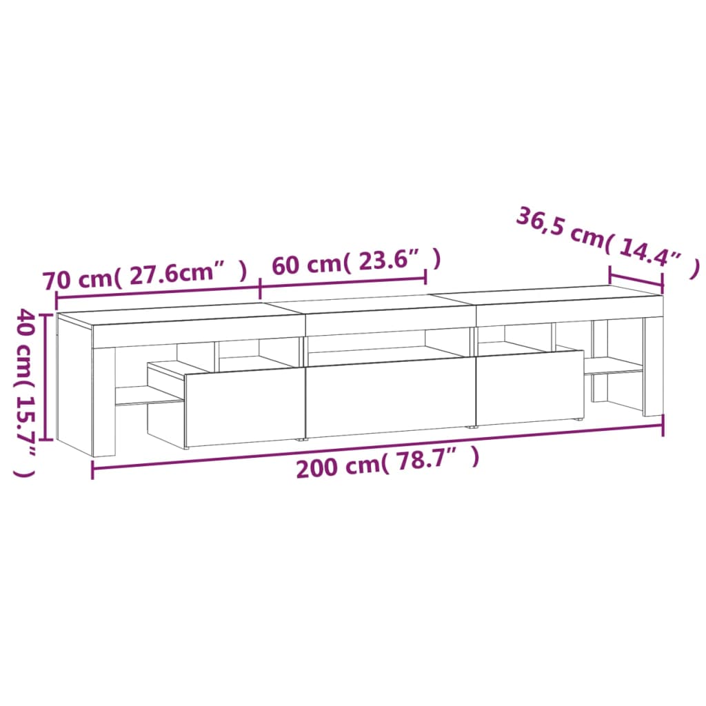 vidaXL Móvel de TV com luzes LED 200x36,5x40 cm sonoma cinza