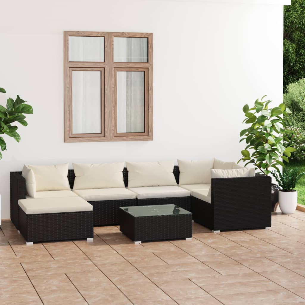 vidaXL 7 pcs conjunto lounge de jardim c/ almofadões vime PE preto