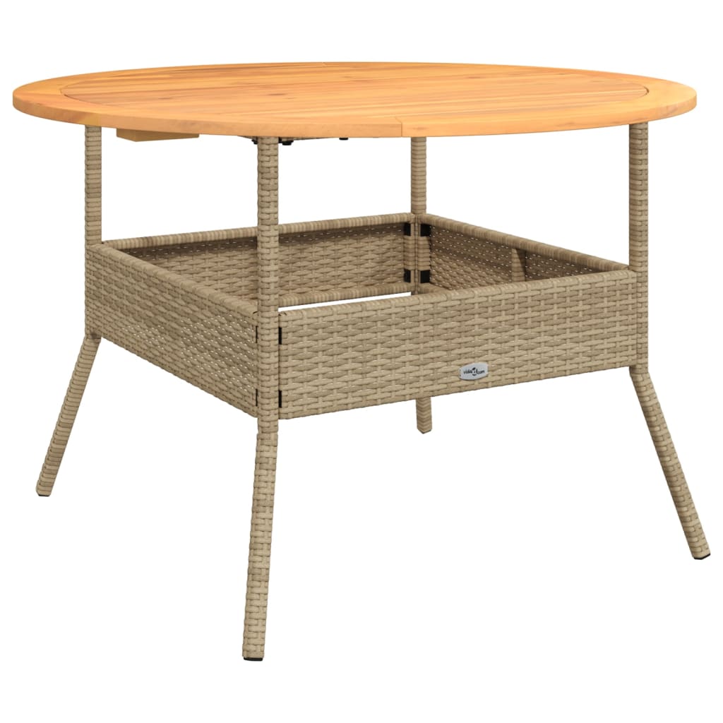 vidaXL Mesa de jardim com tampo de acácia Ø110x71 cm vime PE bege