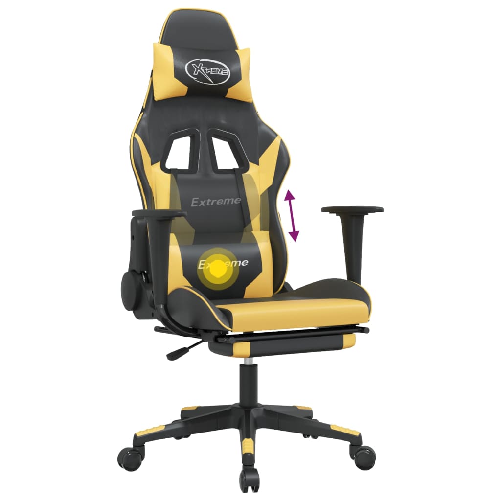 vidaXL Cadeira gaming massagens c/ apoio pés couro artif. Ouro/Preto