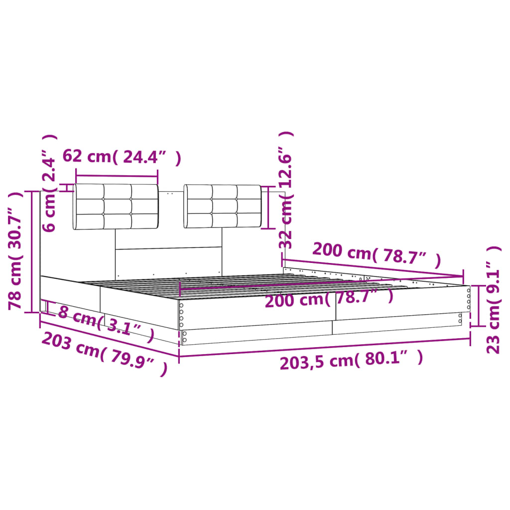 vidaXL Estrutura cama c/ cabeceira/luzes LED 200x200cm carvalho sonoma