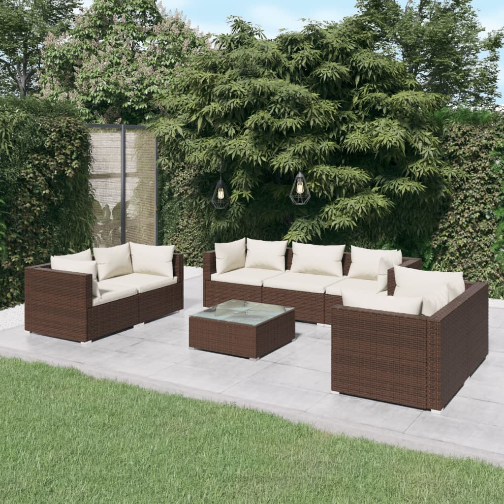 vidaXL 8 pcs conjunto lounge jardim c/ almofadões vime PE castanho