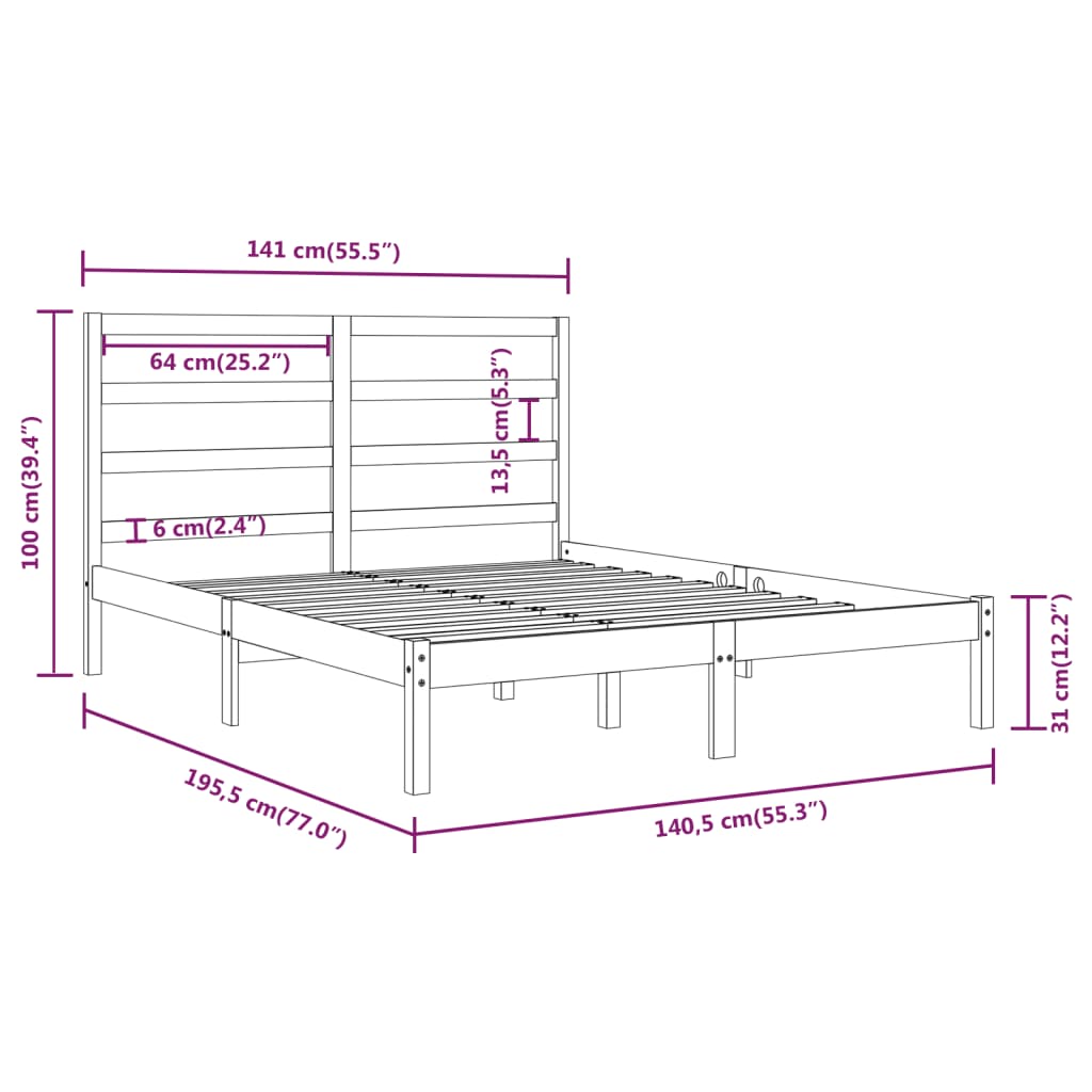 vidaXL Estrutura de cama casal 135x190 cm madeira maciça cinzento