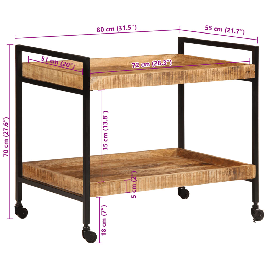 vidaXL Carrinho de cozinha 80x55x70 cm madeira mangueira áspera maciça