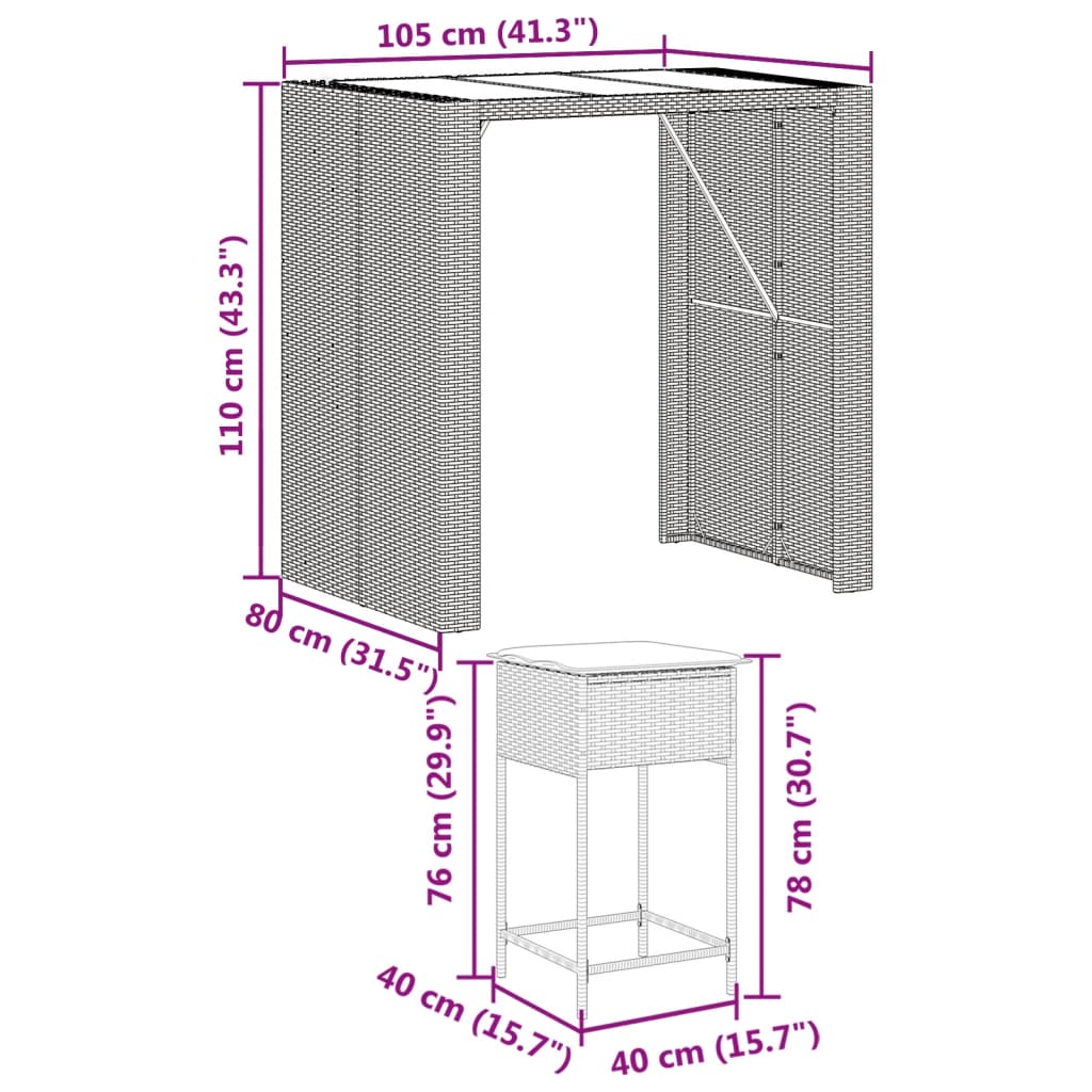 vidaXL 5 pcs conjunto de bar p/ jardim c/ almofadões vime PE castanho