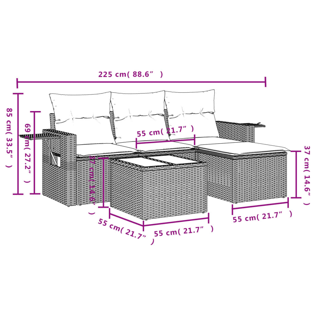 vidaXL 4 pcs conjunto sofás de jardim c/ almofadões vime PE castanho