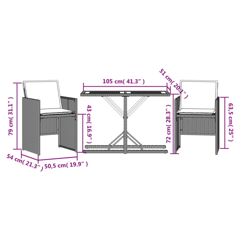 vidaXL 3 pcs conjunto bistrô com almofadões vime PE bege