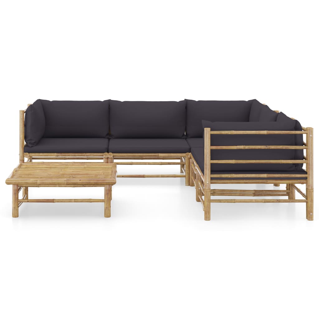 vidaXL 6 pcs conj. lounge jardim em bambu c/ almofadões cinza-escuro