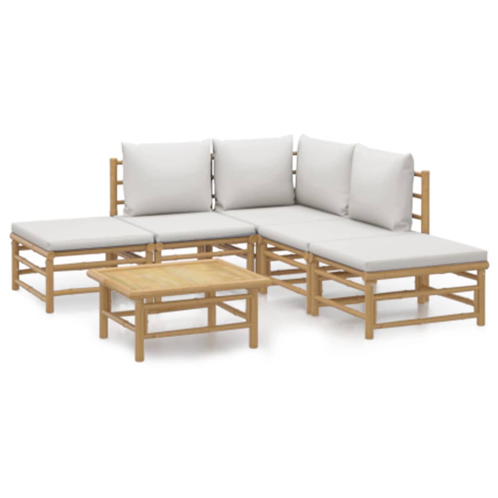 vidaXL 6 pcs conj. lounge de jardim bambu c/ almofadões cinzento-claro