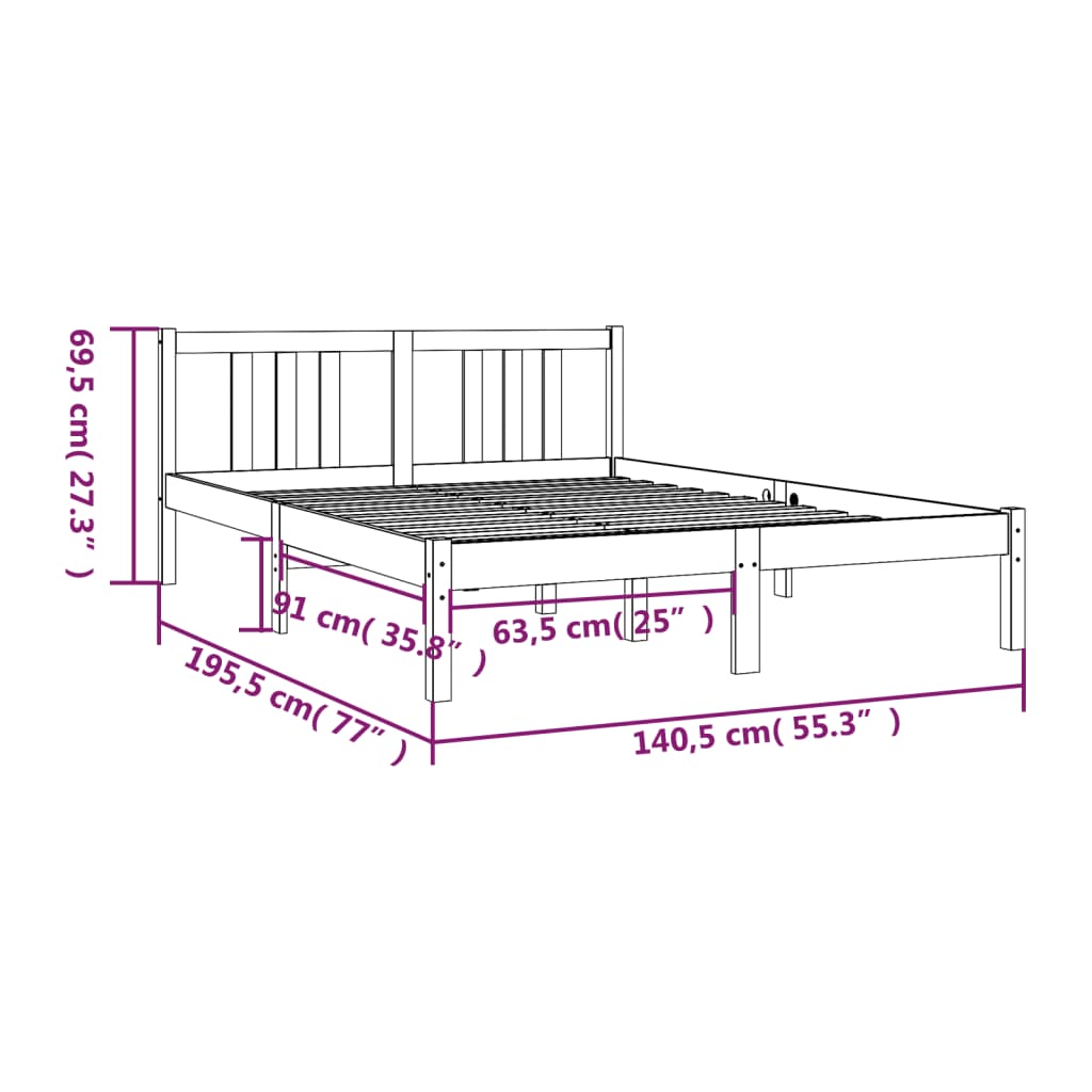 vidaXL Estrutura de cama casal 135x190 cm madeira maciça preto