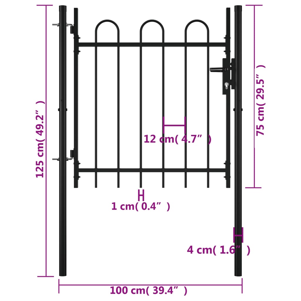 vidaXL Portão de cerca com porta única e topo em aros 100x75 cm