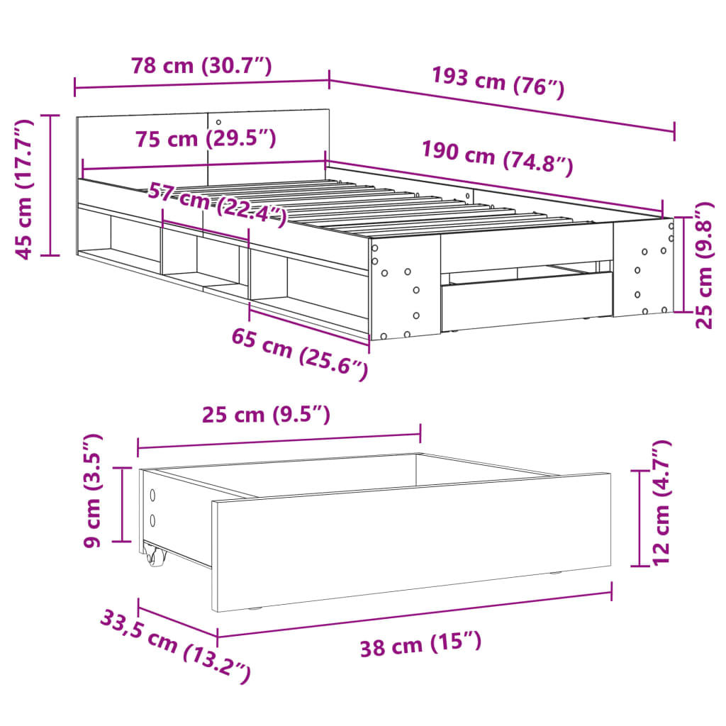 vidaXL Estrutura cama c/ gaveta 75x190 cm derivados de madeira preto