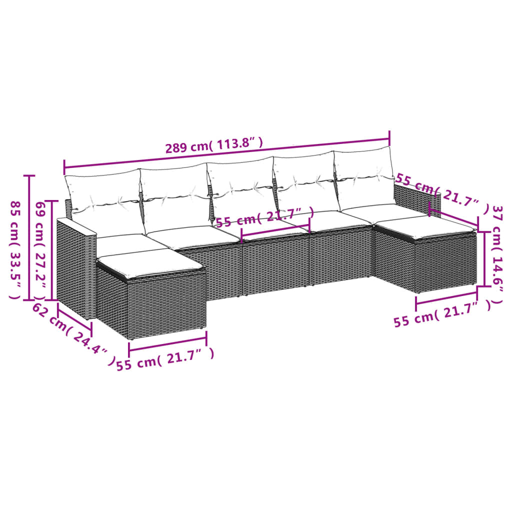 vidaXL 7 pcs conjunto de sofás p/ jardim c/ almofadões vime PE preto