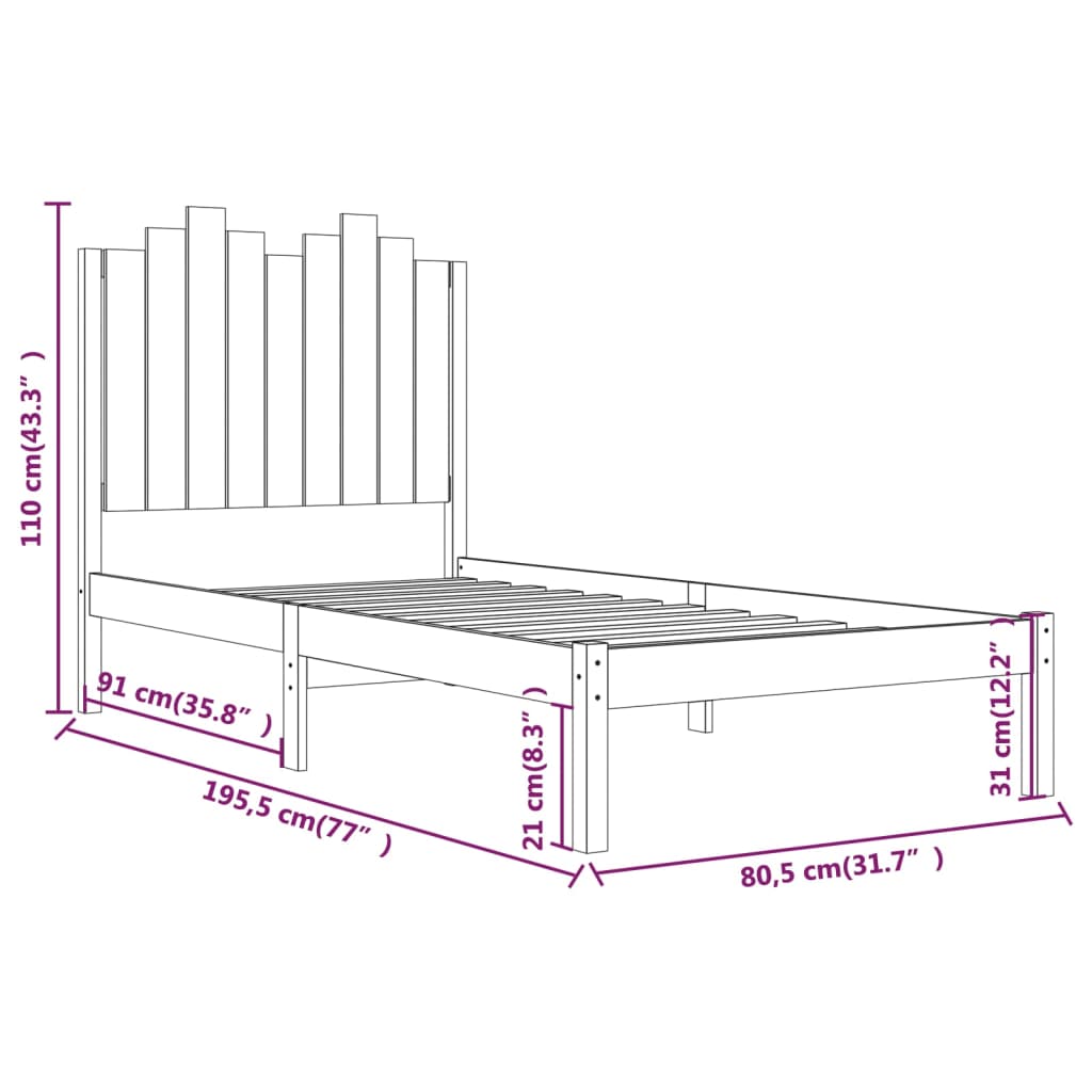 vidaXL Estrutura de cama pequena solteiro 75x190 cm pinho maciço preto