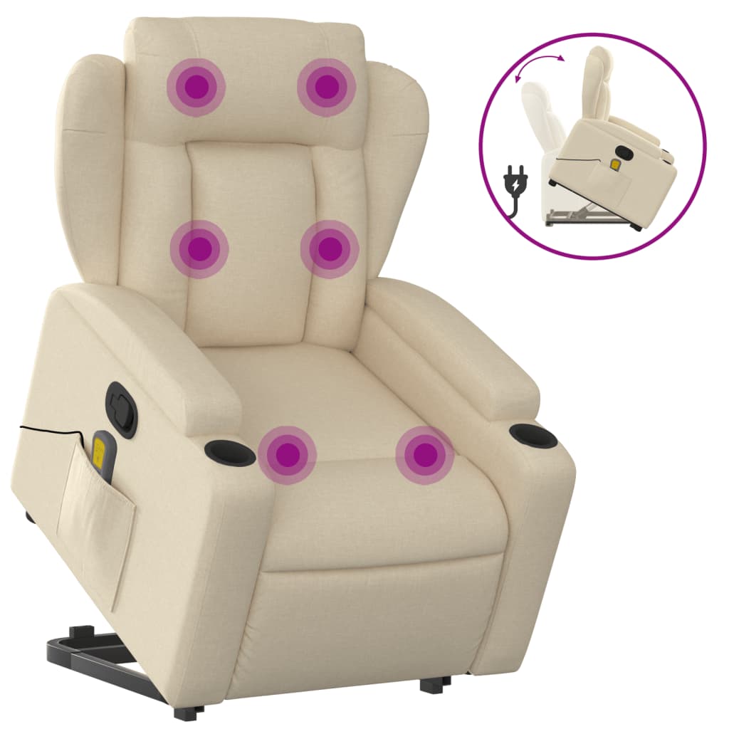 vidaXL Poltrona elevatória de massagens tecido cor creme