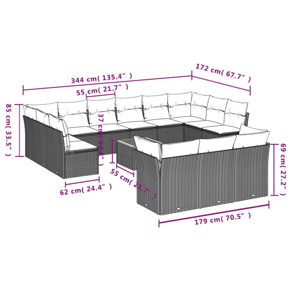 vidaXL 14 pcs conjunto sofás p/ jardim c/ almofadões vime PE cinzento