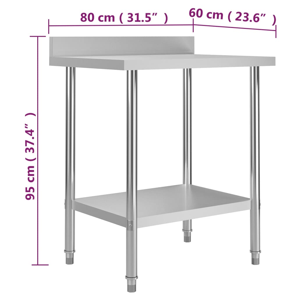 vidaXL Mesa cozinha rebordo antissalpicos 80x60x93 cm aço inoxidável