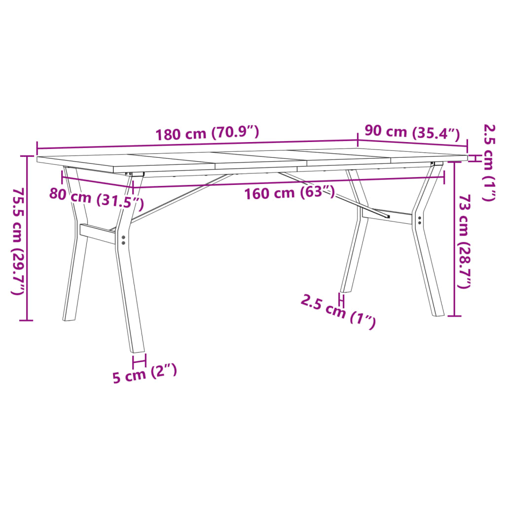 vidaXL Mesa de jantar estrutura em Y 180x90x75,5cm pinho/ferro fundido