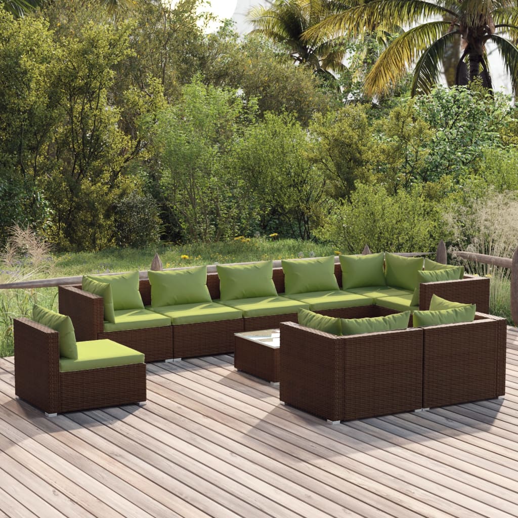 vidaXL 10 pcs conjunto lounge jardim c/ almofadões vime PE castanho