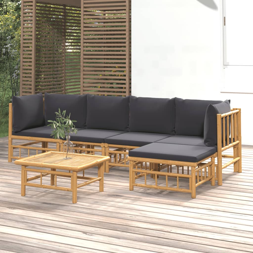 vidaXL 6 pcs conjunto lounge jardim bambu c/ almofadões cinza-escuro