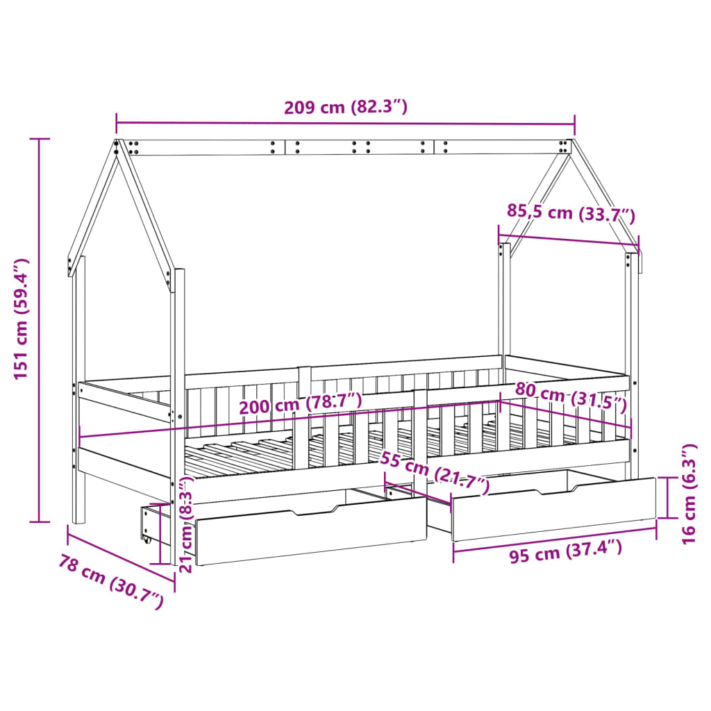 vidaXL Estrutura de cama infantil c/ gavetas 80x200 cm pinho maciço