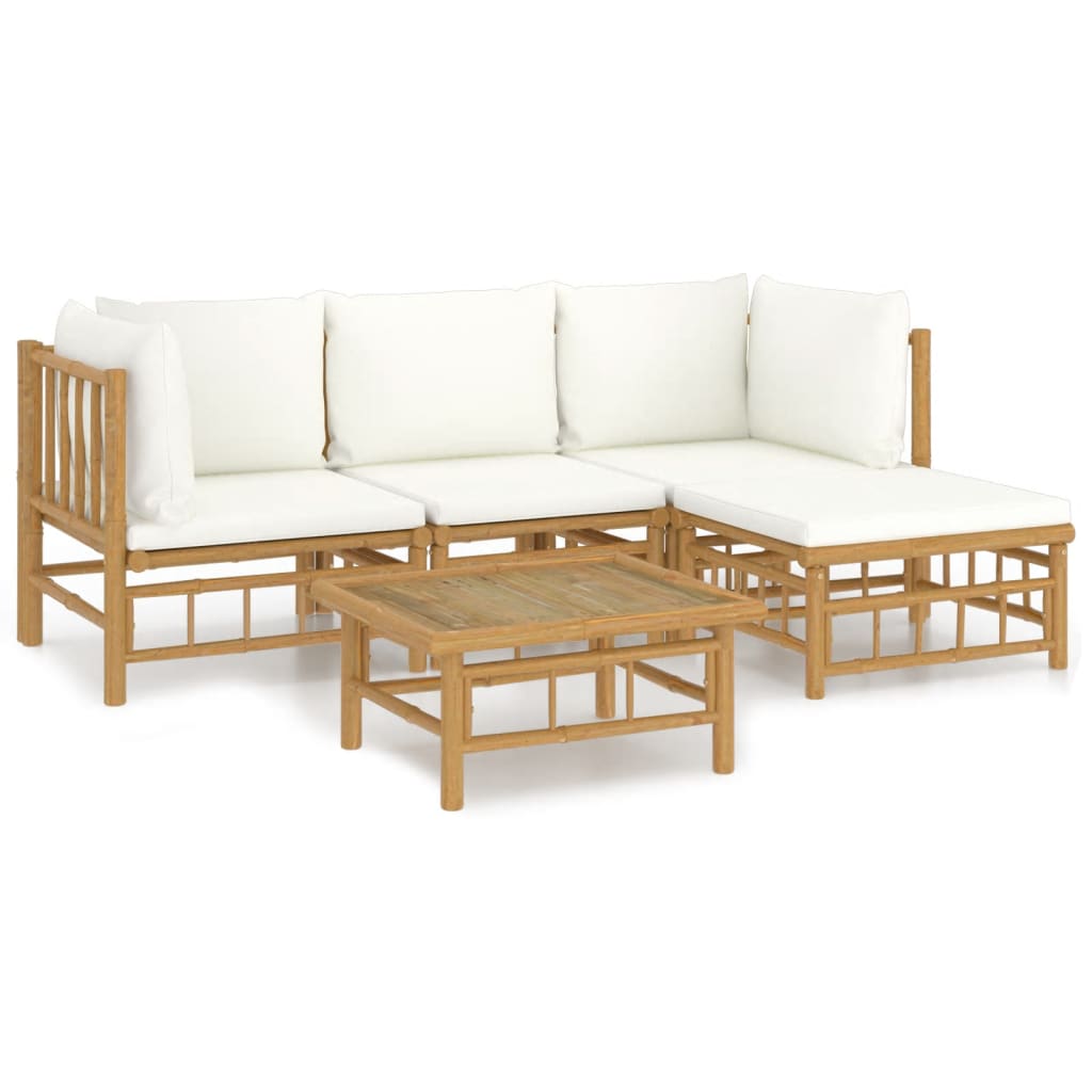 vidaXL 5 pcs conjunto lounge de jardim bambu c/ almofadões branco nata