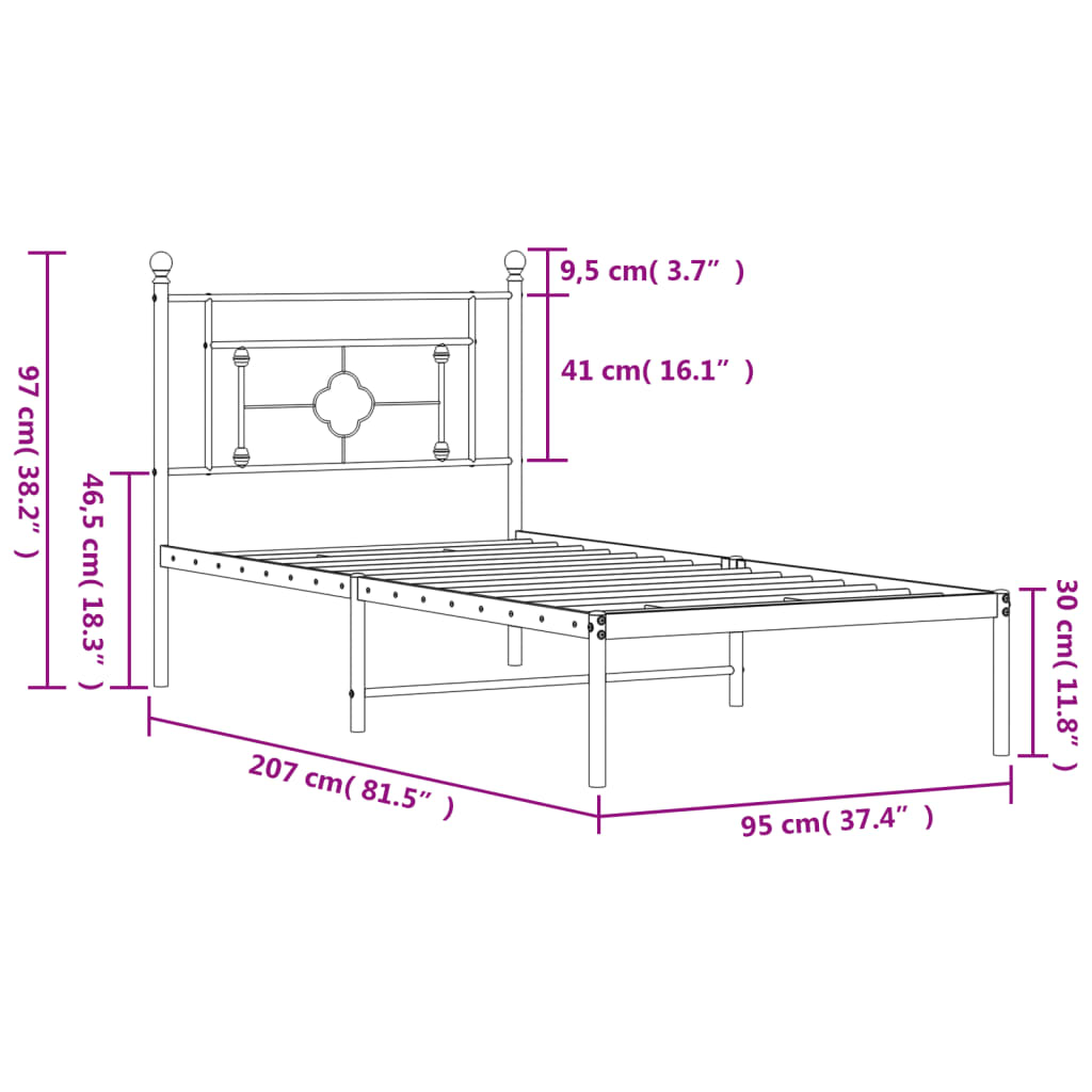 vidaXL Estrutura de cama com cabeceira 90x200 cm metal preto