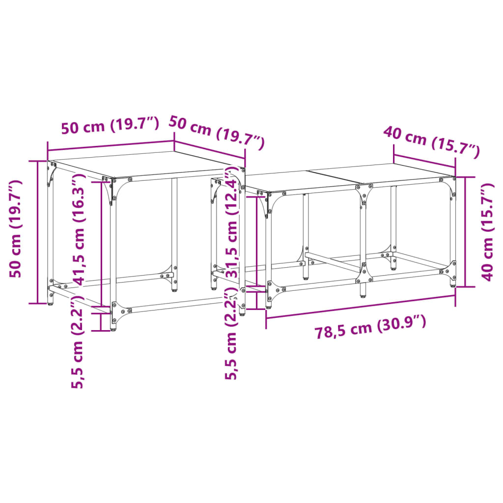 vidaXL Mesas de centro encastrar 2 pcs c/ tampo vidro transparente aço