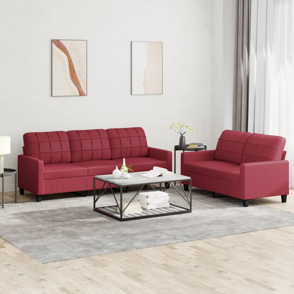 vidaXL 2 pcs conjunto sofás c/ almofadões couro artif. vermelho tinto