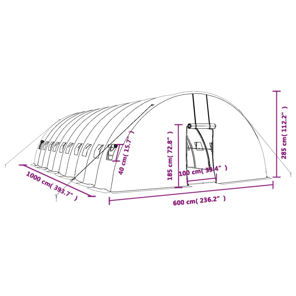 vidaXL Estufa com estrutura de aço 60 m² 10x6x2,85 m verde