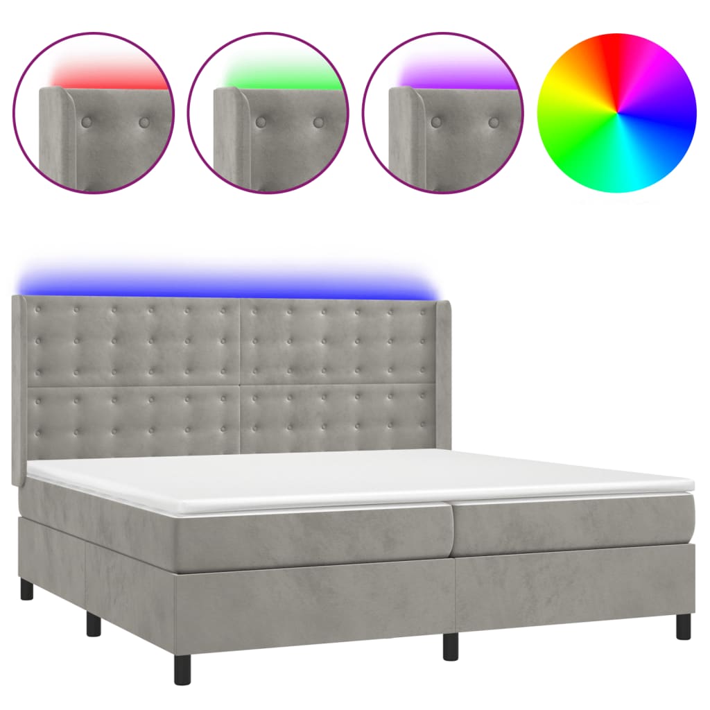 vidaXL Cama box spring c/ colchão/LED 200x200 cm veludo cinzento-claro