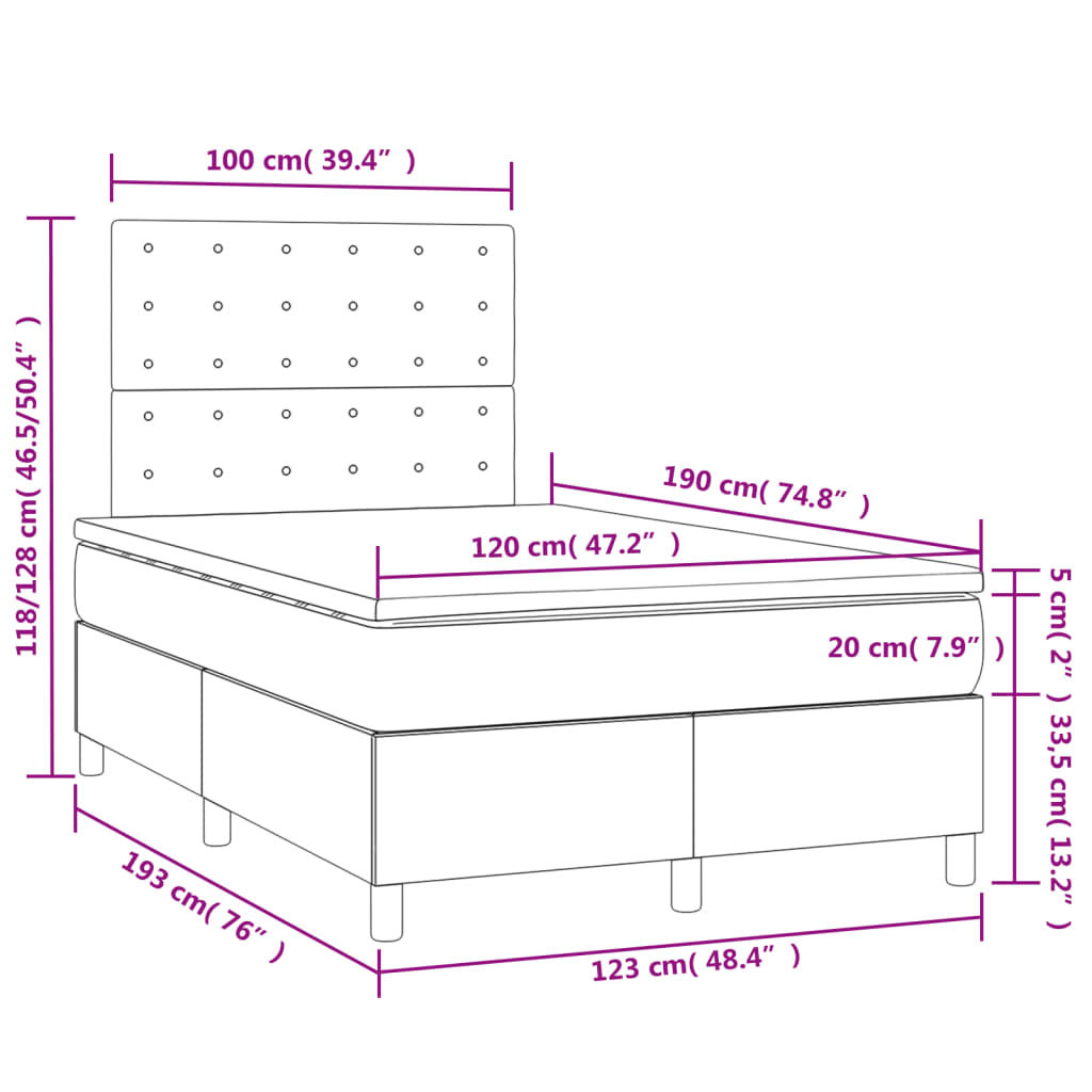 vidaXL Cama box spring c/ colchão e LED 120x190 cm tecido cinza-claro