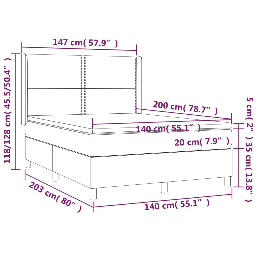 vidaXL Cama box spring c/ colchão/LED 140x200cm couro artificial preto