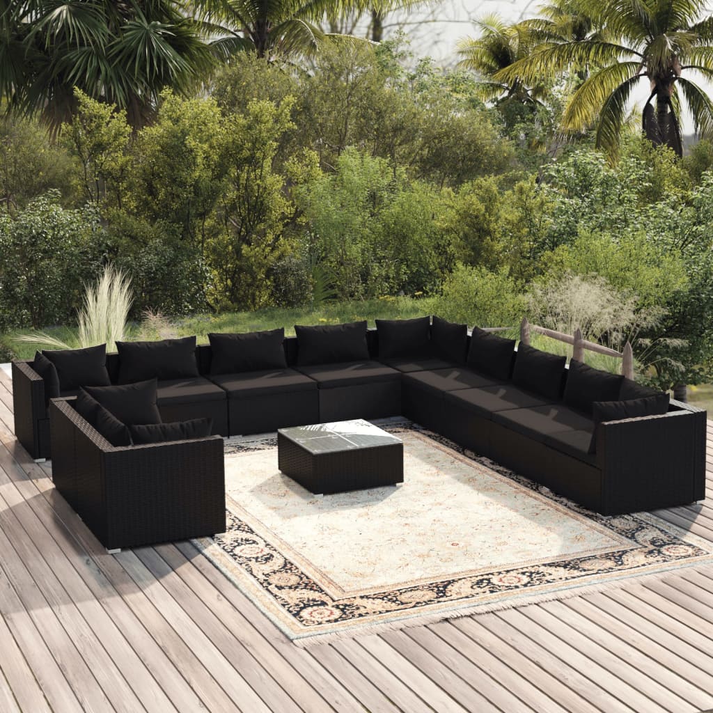 vidaXL 12 pcs conjunto lounge de jardim c/ almofadões vime PE preto