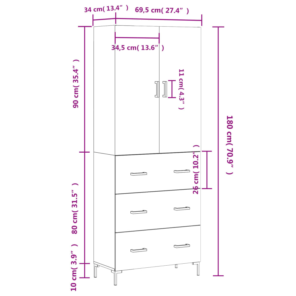 vidaXL Armário alto 69,5x34x180 cm derivados de madeira sonoma cinza