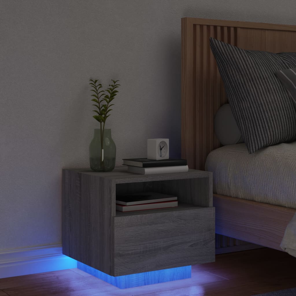 vidaXL Mesa de cabeceira com luzes LED 40x39x37 cm cinzento-sonoma