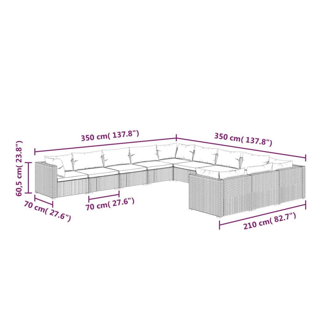 vidaXL 11 pcs conjunto lounge jardim c/ almofadões vime PE castanho