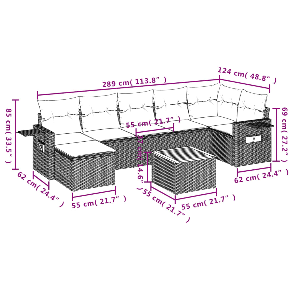 vidaXL 8 pcs conjunto de sofás p/ jardim com almofadões vime PE bege