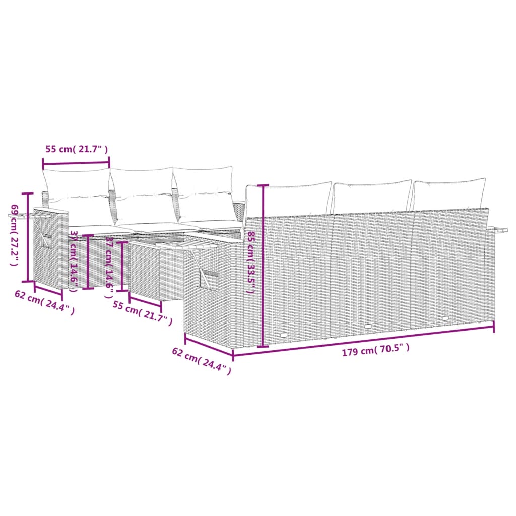 vidaXL 7 pcs conjunto de sofás p/ jardim c/ almofadões vime PE preto