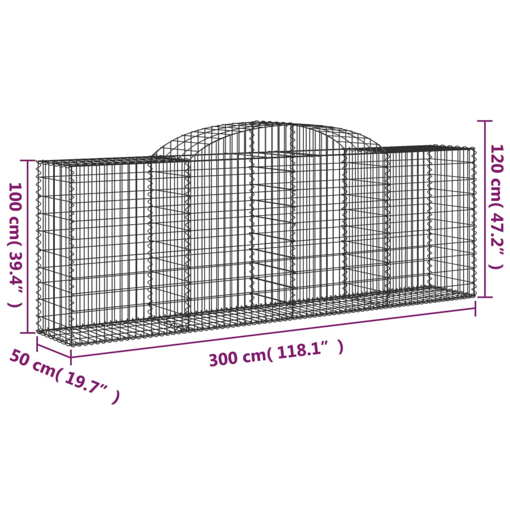 vidaXL Cestos gabião arqueados 4pcs 300x50x100/120cm ferro galvanizado