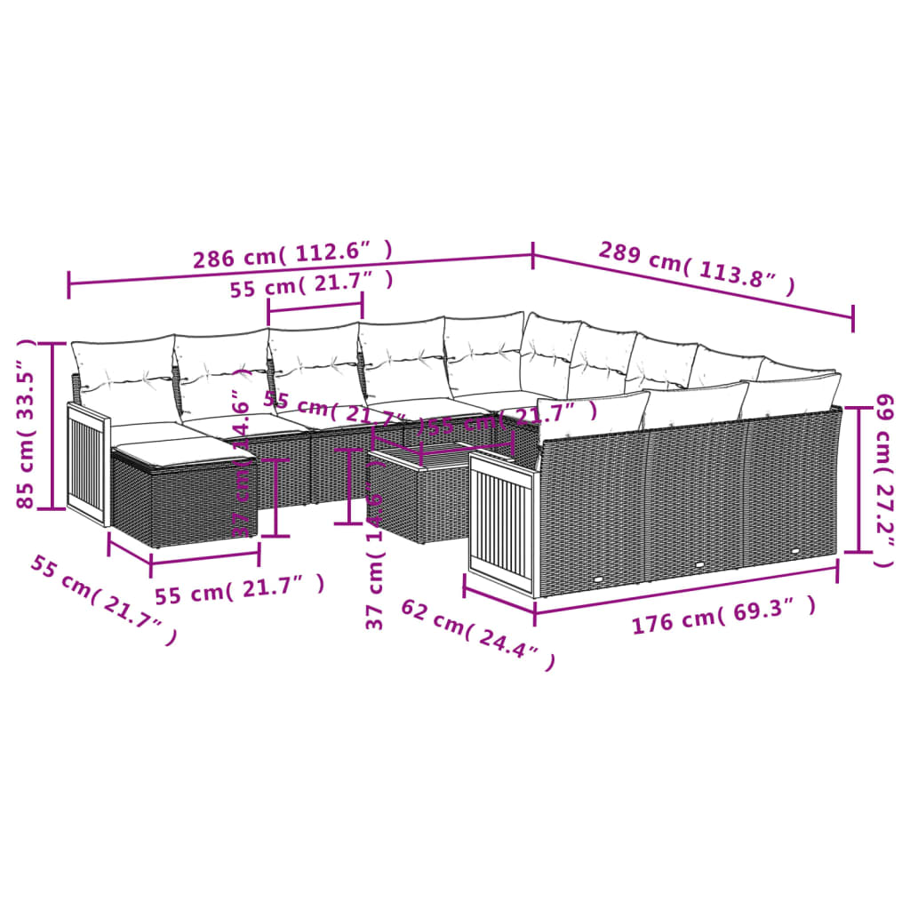 vidaXL 13 pcs conjunto de sofás p/ jardim com almofadões vime PE bege