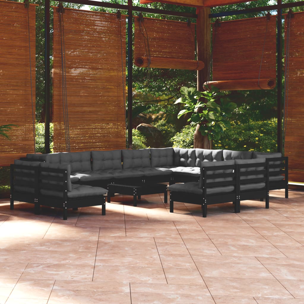 vidaXL 13 pcs conjunto lounge jardim c/ almofadões pinho maciço preto