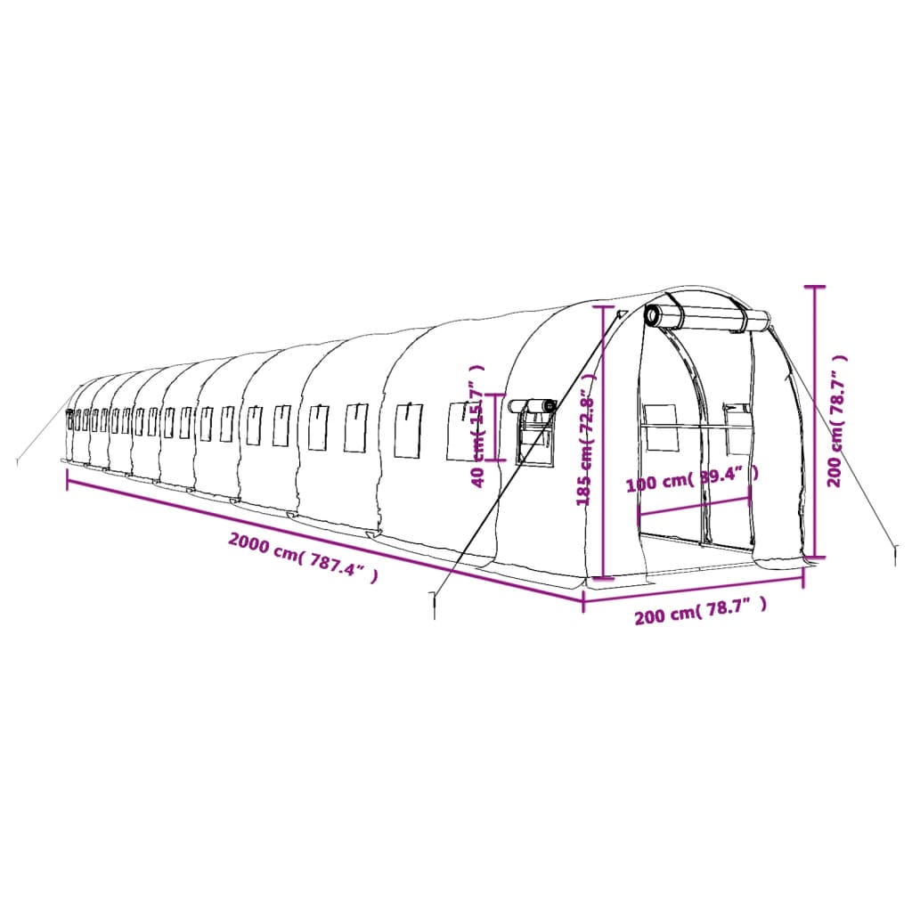 vidaXL Estufa com estrutura de aço 40 m² 20x2x2 m verde